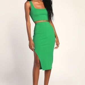 Lulus Green Ribbed Knit Two Piece Set Crop Top & Midi Skirt Size M